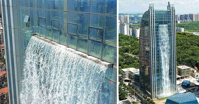 Chinese Have Built A 350ft Waterfall On A Skyscraper And It Looks Straight Out Of A Sci-Fi Movie