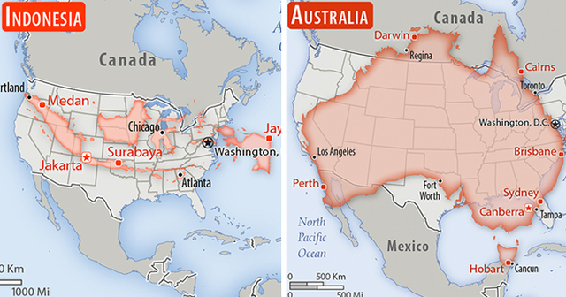 Someone Compared The Sizes Of 30 Countries To USA With A Real Scale Perspective