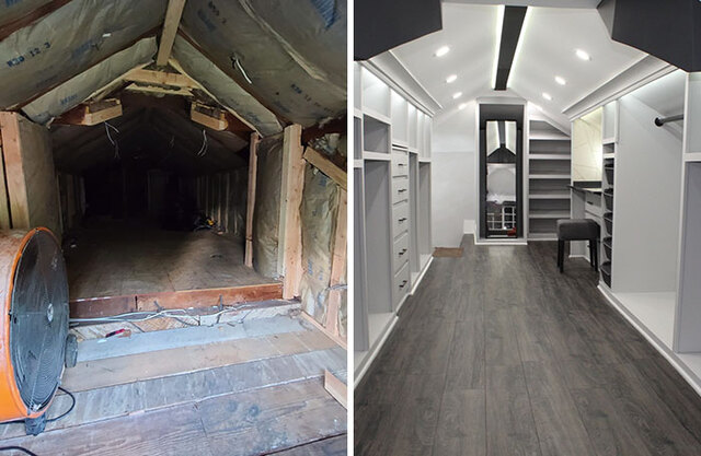 Husband Turns A Derelict Old Attic Into A Dream Walk-In Closet For His Wife
