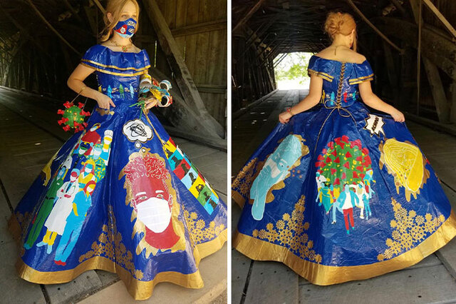 This Teen Spent 400 Hours Creating A COVID-Themed Prom Dress Using Duct Tape