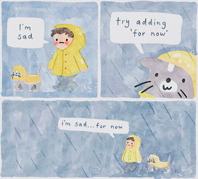 20 Wholesome Watercolor Comics Featuring A Cat Giving Mental Health Advice