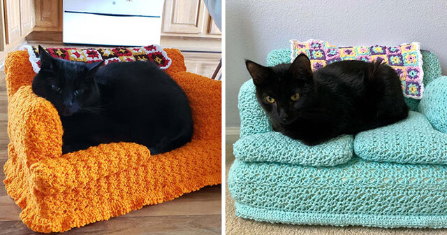 16 Tiny Couches People Crocheted For Their Cats