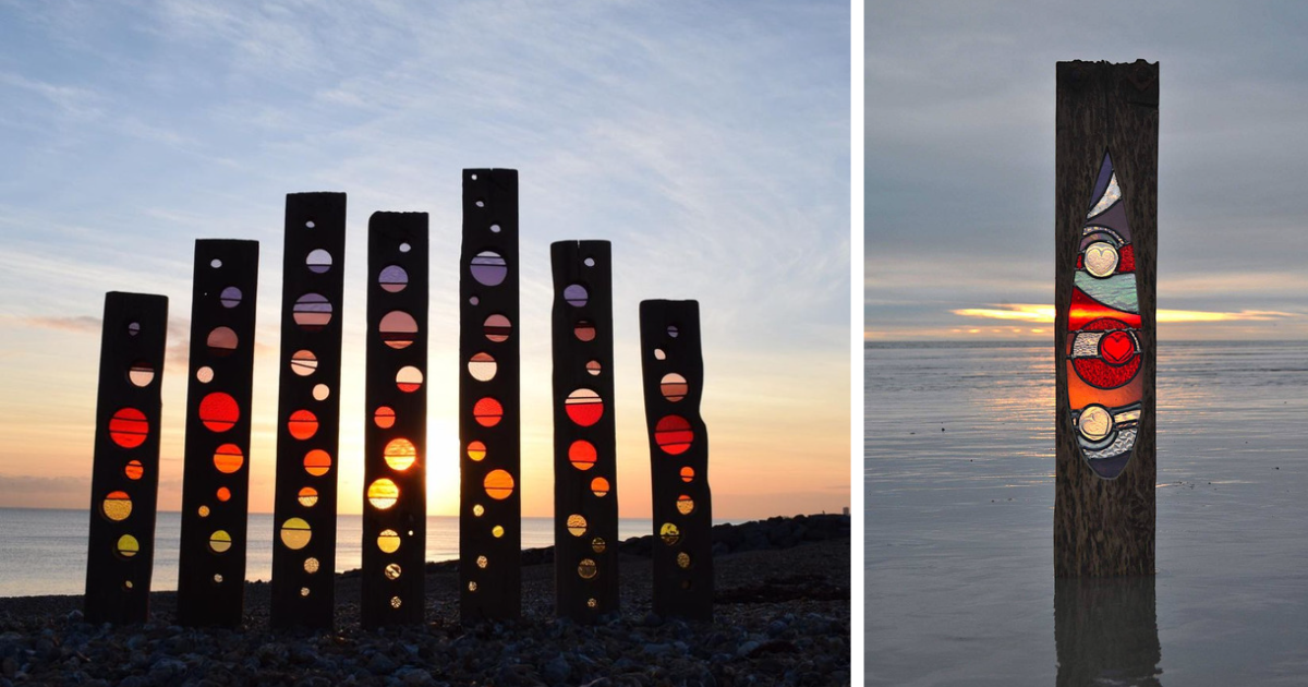This Artist Inserts Colorful Glasses Into Sea Defence Timber To Create Mesmerizing Sculptures (10 Pics)