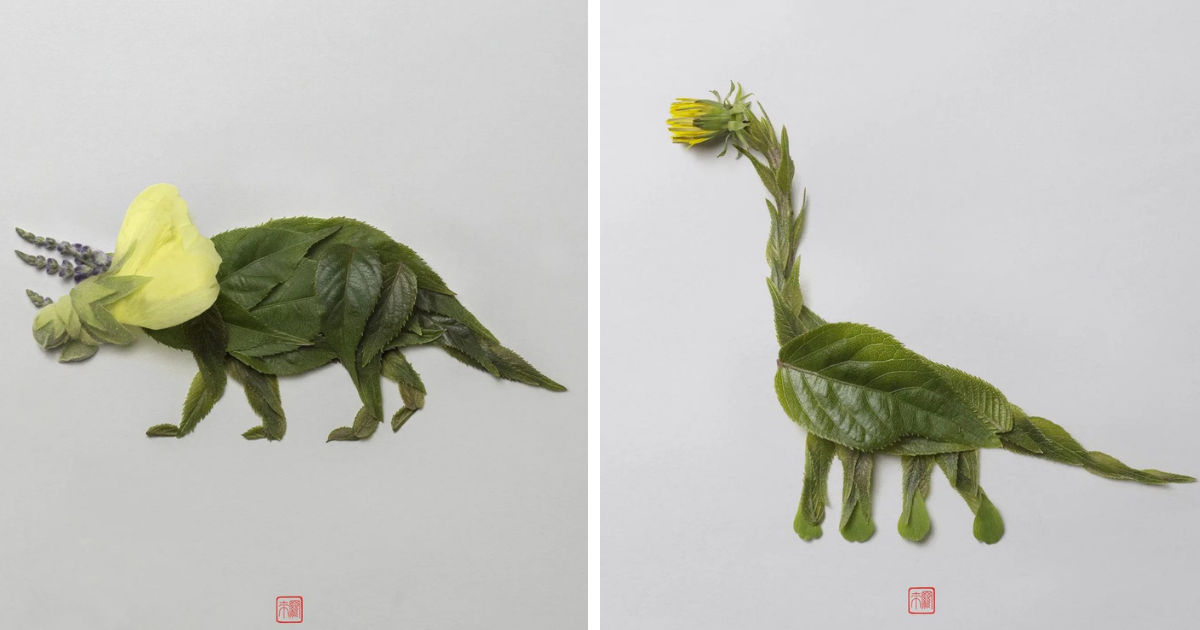Artist Makes A Dinosaur Series Of Portraits That Are Made By Using Leaves And Flowers
