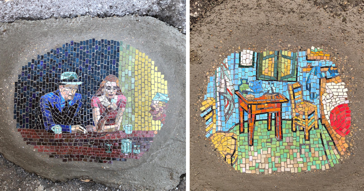 20 Times This Artist Used Colorful Mosaics To Cover Potholes On Roads