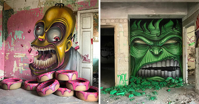 Barcelona Artist Spray-Paints Creepy Versions Of Popular Characters On The Walls Of Abandoned Buildings (20 Pics)
