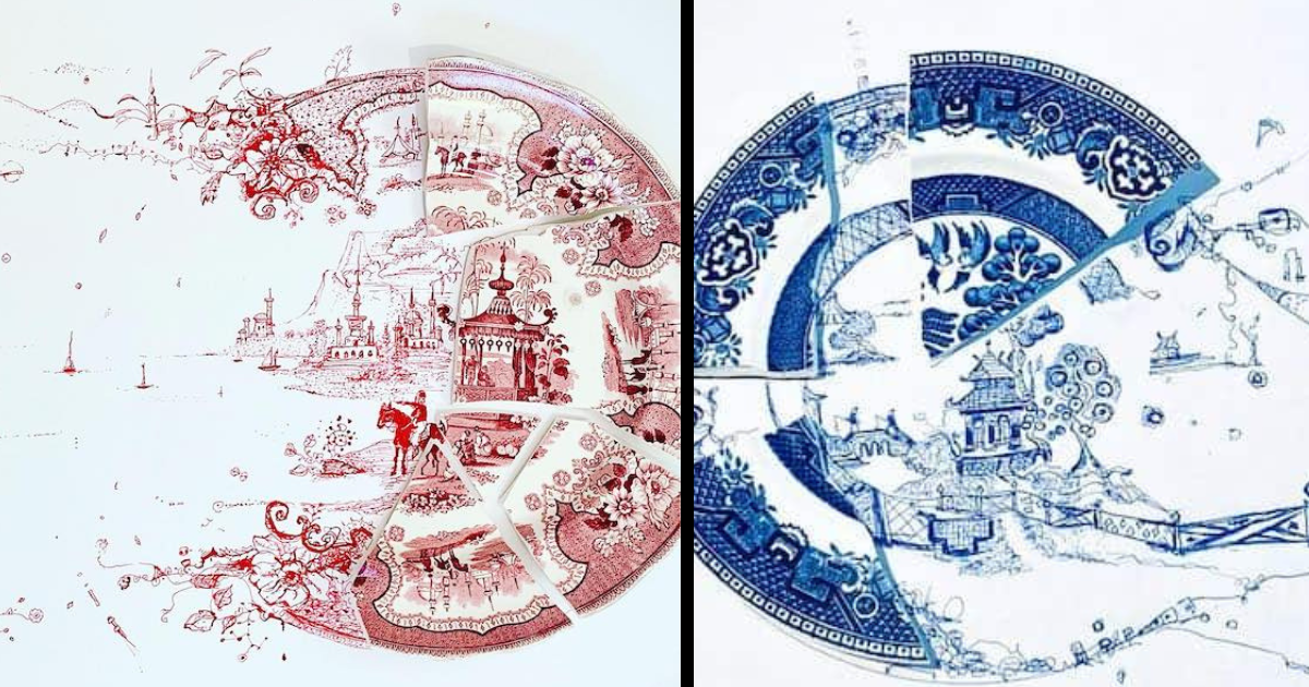 Artist Fixes Broken Plates By Creating Beautiful Drawings Around Them (8 Pics)