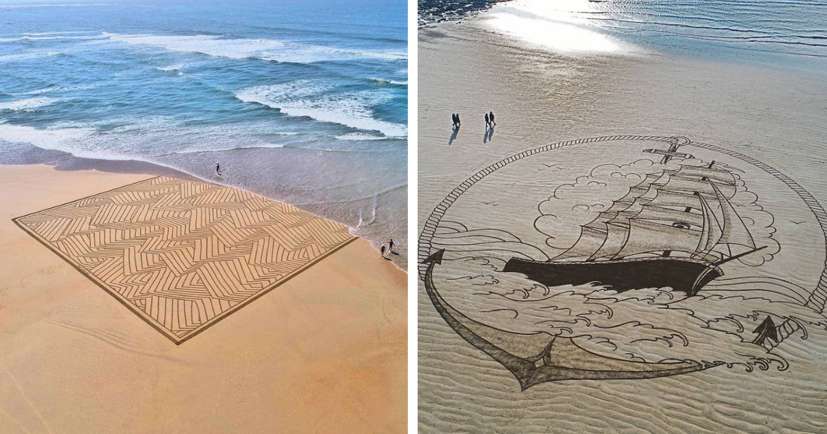 20 Times This Artist Created Enormous Sand Drawings Just To Be Washed Off By The Ocean