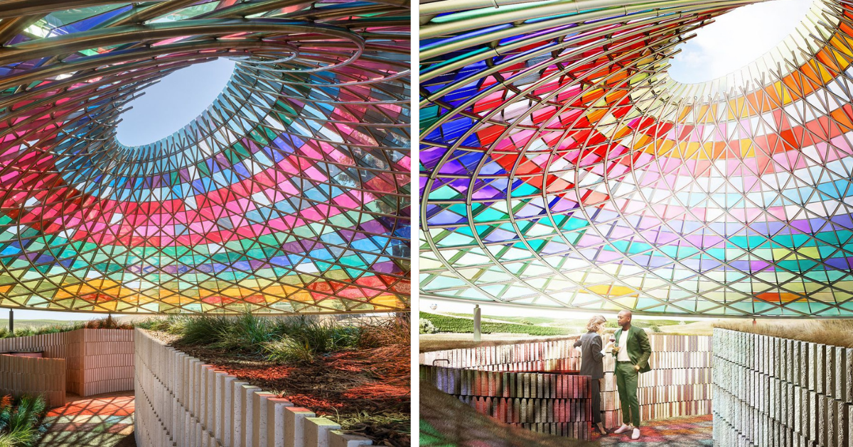 Architect Creates Conical Structure With 832 Colorful Glass Panels That Reflect Weather Outside