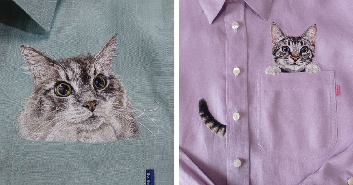 10 Times This Artist Created Cat Embroideries Peeping Out Of Shirt Pockets