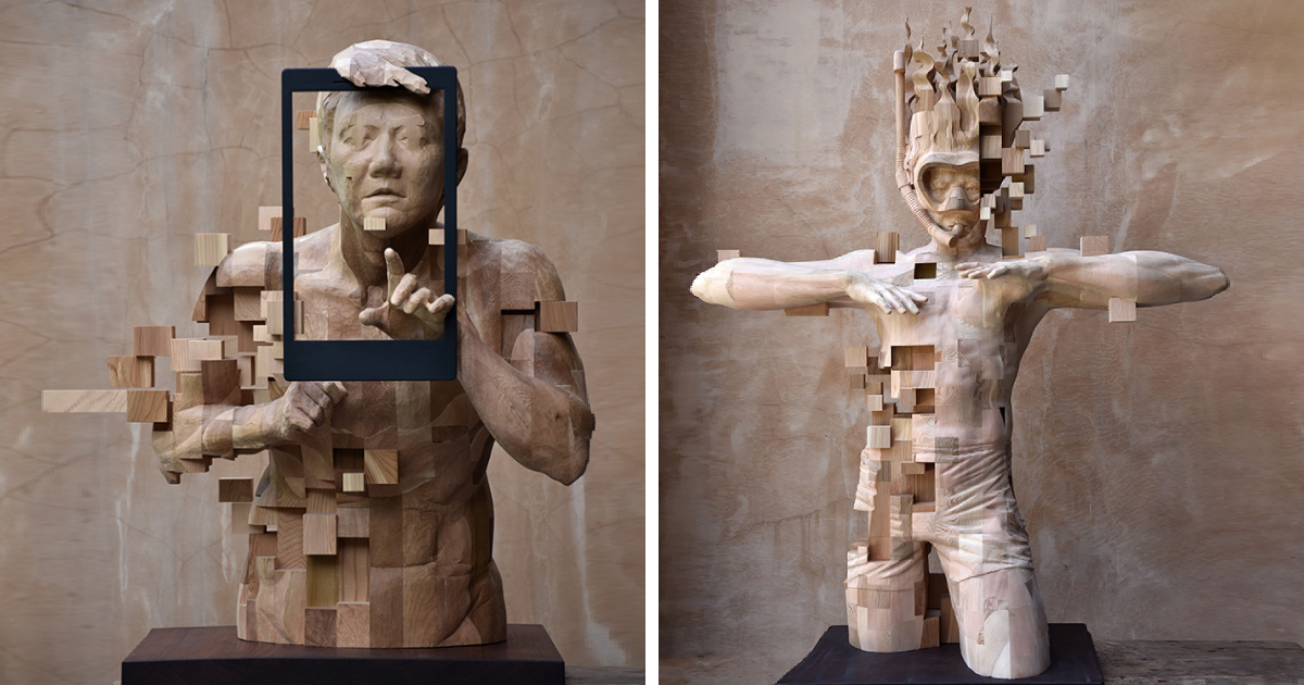 14 Wooden Sculptures Visually Depicting A Modern Pixelated Effect Created Using Traditional Carving Techniques