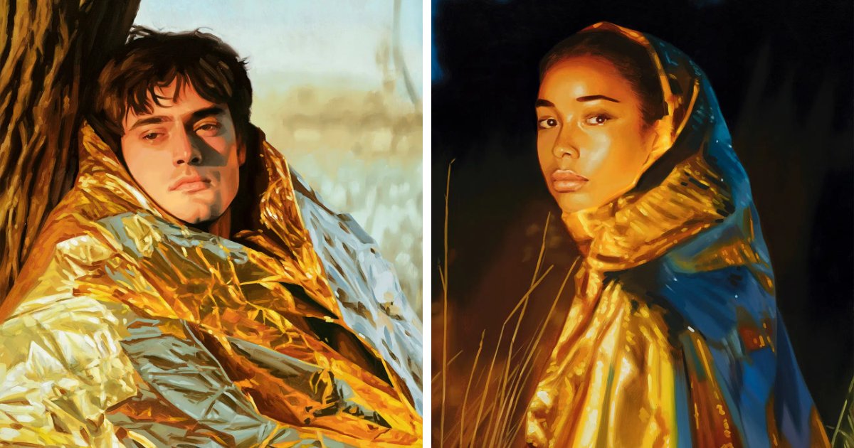 Light Gleams Off Shiny Blankets Wrapping David Rice’s Subjects In Latest Paintings