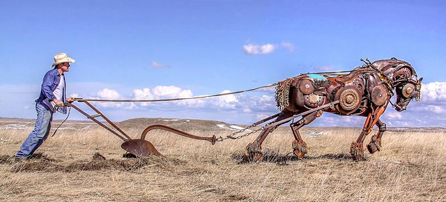 Scrap Metal Sculptures Made Of Old Farm Equipment by John Lopez 