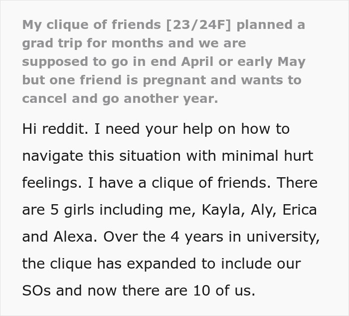 Text post where a woman asks for advice after a friend group pregnancy causes trip cancellation drama.