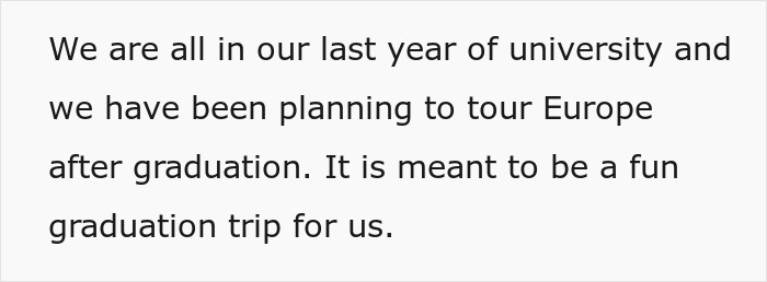Social media screenshot about students planning a post-graduation Europe trip before a friend group pregnancy dispute.