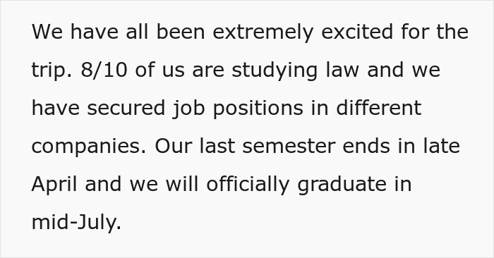 Online story detailing law students planning a graduation trip before conflict over a friend group pregnancy.