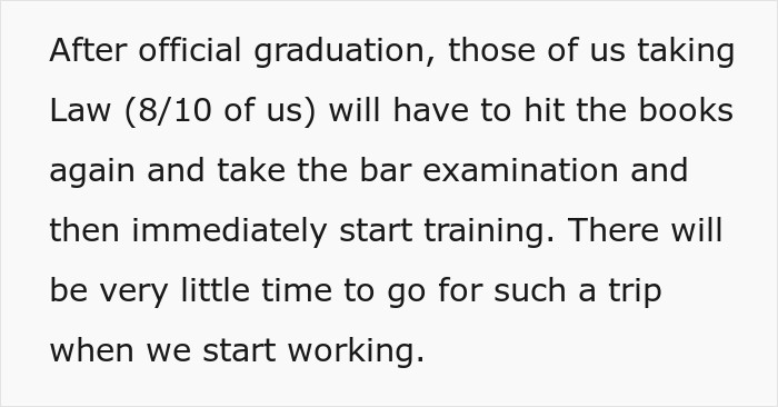 Text continuation explaining tight schedules and bar exams following a friend group pregnancy trip controversy.