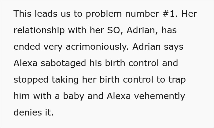 Text excerpt discussing birth control claims and drama within a friend group involving a pregnancy.