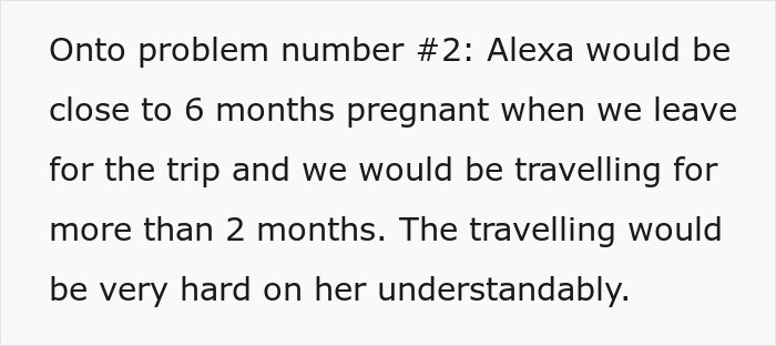 Text detailing travel plans and the challenges of taking a trip while six months pregnant.