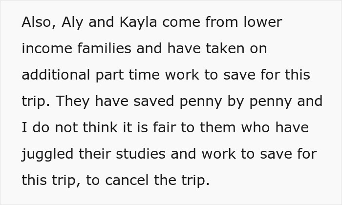 Text explaining how friends saved for a trip despite a friend's pregnancy.