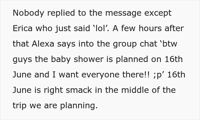Text snippet showing a friend scheduling a baby shower during a friend group trip.
