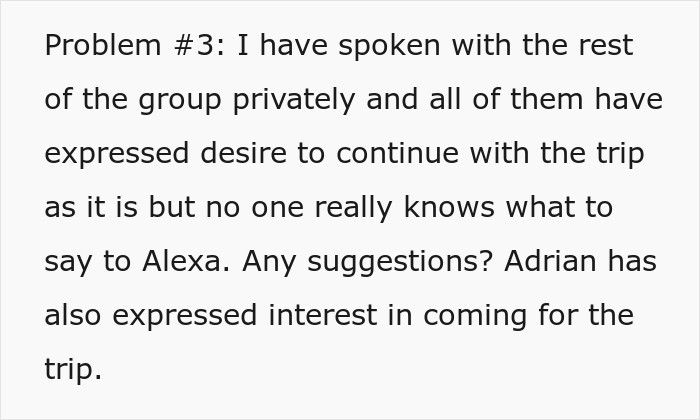 Screenshot of text discussing a friend group deciding not to cancel their trip over a friend's pregnancy.