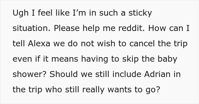 Text post asking for advice on telling a pregnant friend the group will not cancel their trip.