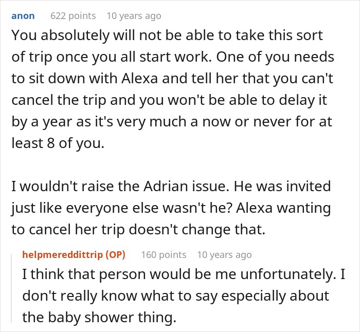 A Reddit user advising a friend group to proceed with their trip despite a pregnant friend wishing to cancel.
