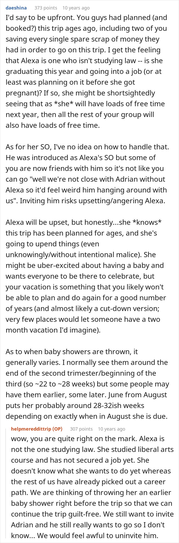 Detailed online comment giving advice about handling a friend group trip and a friend's pregnancy conflict.