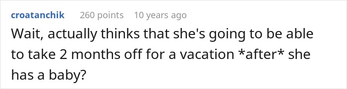 Reddit comment questioning a pregnant friend's expectation that a friend group will delay their trip.