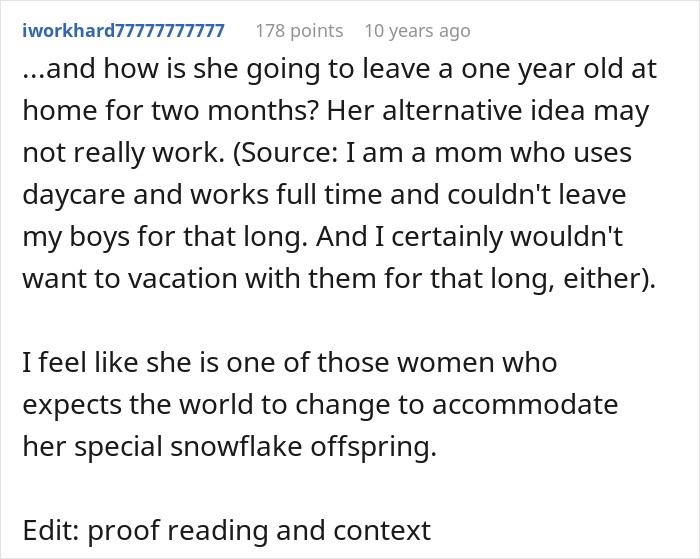 Online comment discussing how pregnancy affects travel plans and friend group vacation expectations.