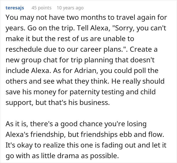 Comment advising a friend group to proceed with their trip despite a member's pregnancy news.
