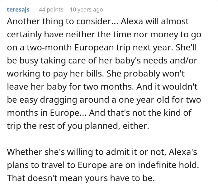 Text post explaining why pregnancy makes long European trips impractical for a friend group.