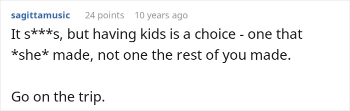 User comment advising the friend group to proceed with their trip despite the pregnancy news.