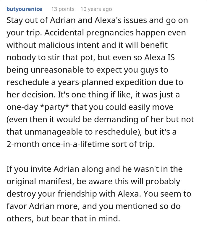User comment discussing how a friend group should manage trip plans and relationship issues during pregnancy.