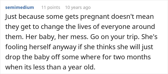 Online comment advising friend group not to cancel trip over pregnancy