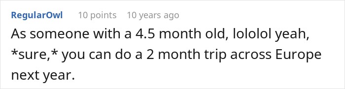 User comment laughing about planning a trip while managing a pregnancy