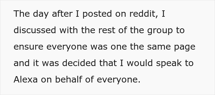 Text snippet explaining discussion with friend group about the trip