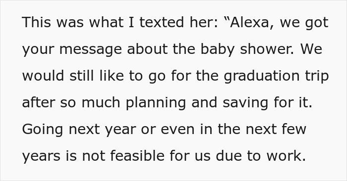 Message sent to pregnant friend about keeping original graduation trip plans
