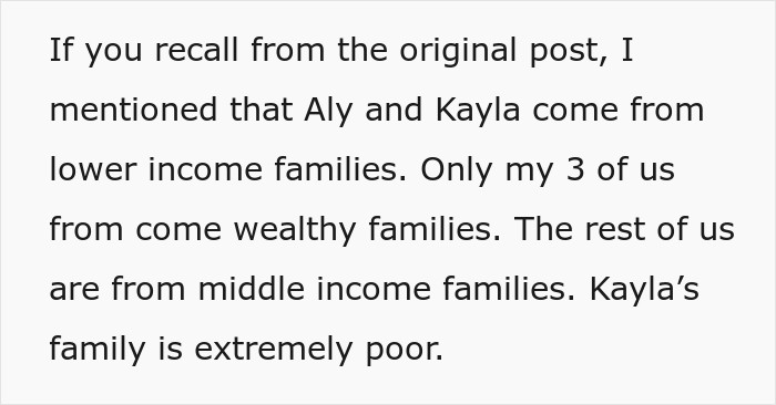 Text explaining financial backgrounds within a friend group during a story about a pregnancy and trip dispute.