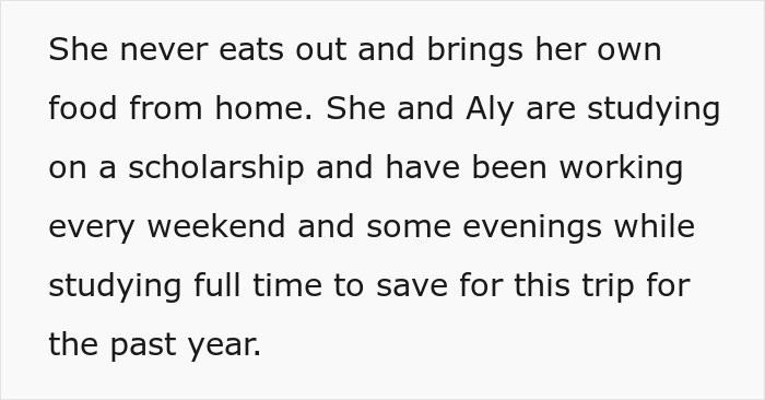 Text discussing saving money for a trip amidst a story about a friend group and pregnancy.