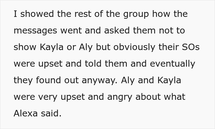 Text snippet showing how a friend group learned about secret messages after a woman pregnancy debate.