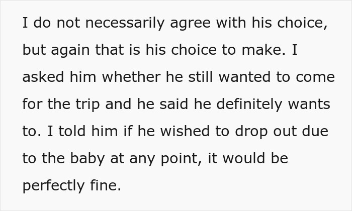 Online message text about personal choice and attendance plans for a friend group trip during pregnancy.
