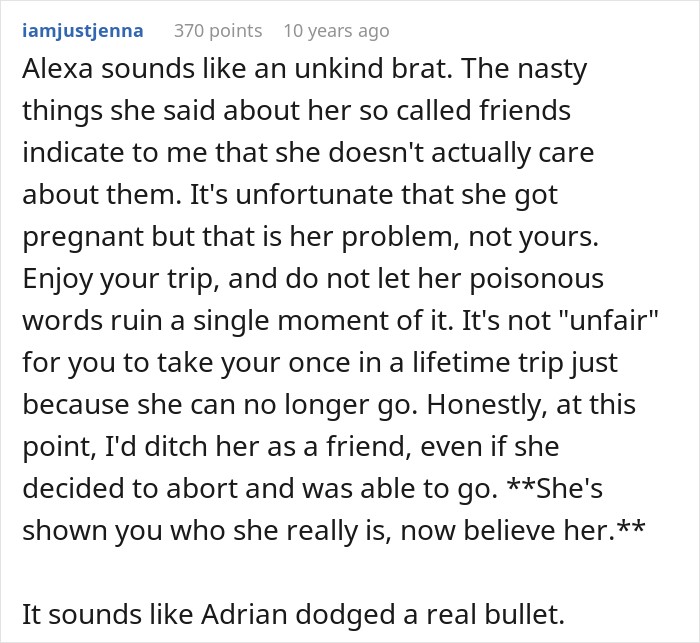 User comment criticizing behavior and offering advice about a friend group trip and pregnancy drama.