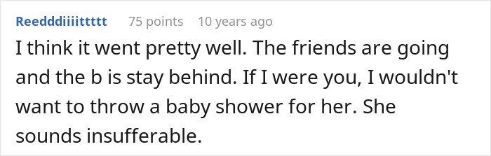 Online comment criticizing a friend group decision during pregnancy.