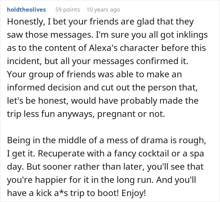 User comment discussing friend group drama over a trip and pregnancy.