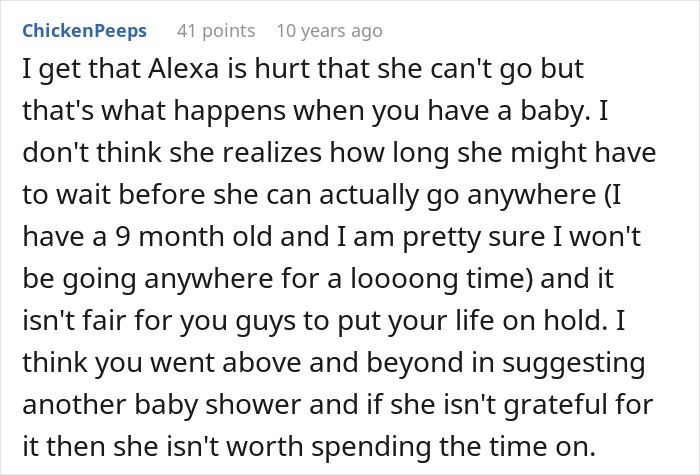Online comment discussing a friend group decision regarding pregnancy and travel plans.