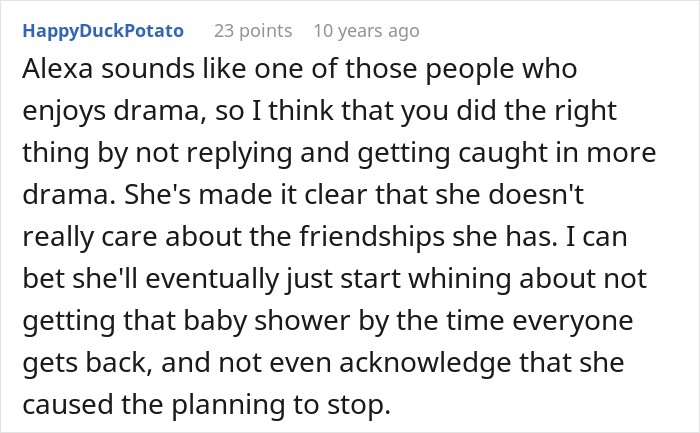 A comment about a friend group and pregnancy drama from user HappyDuckPotato.