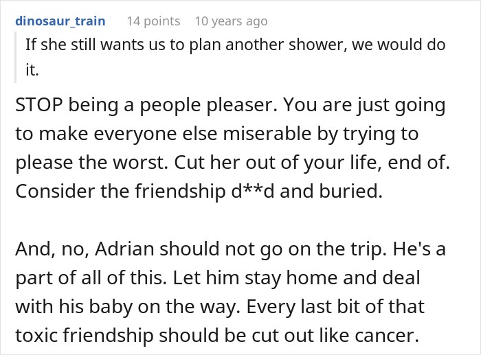User dinosaur_train commenting on a friend group and pregnancy relationship issue.