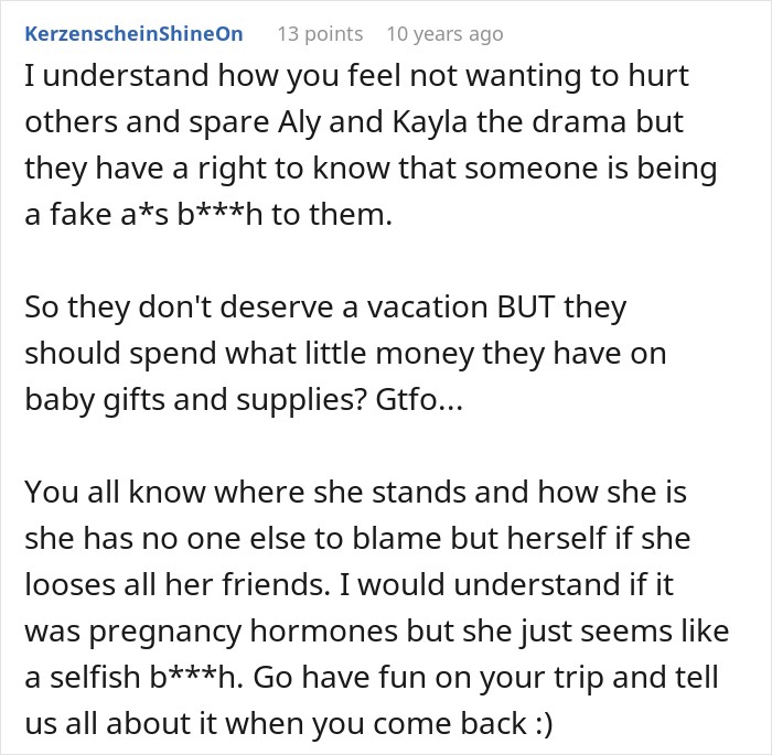 A comment calling out a friend group drama over pregnancy and a canceled trip.